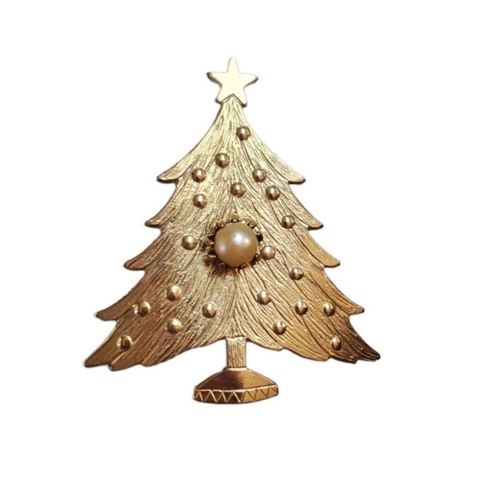 Vintage Christmas Tree Brooch Pin Faux Pearl Gold Toned